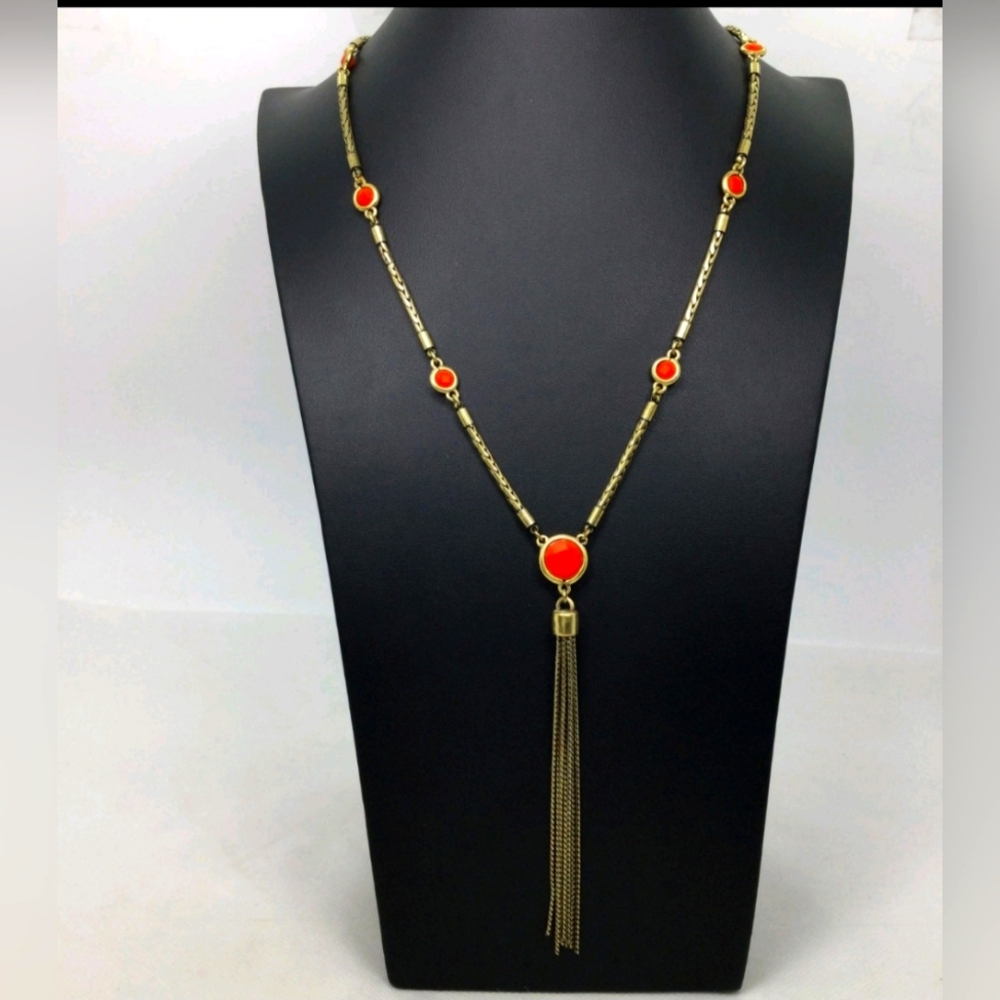 Lucky Brand Orange Stone Tassel Necklace 28"